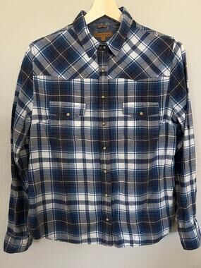 Jack’s Girlfriend Bea Flannel Shirt Women's L Plaid Pearl Snap Roll Tab Sleeve